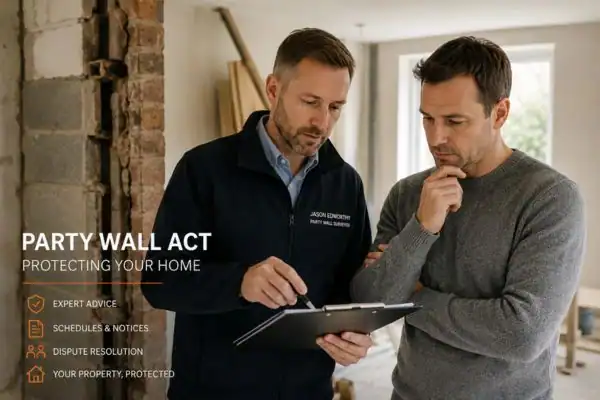 Party wall surveyor Croydon discussing extension plans with homeowner outside a UK semi-detached house.
